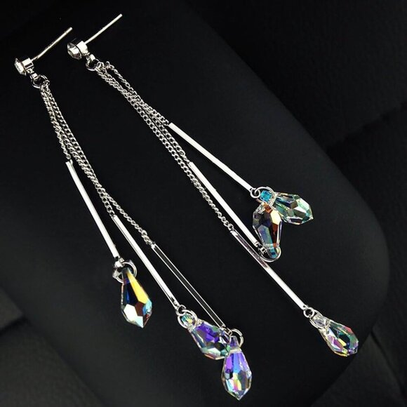 Platinum-Plated Color Change Multi-Teardrop Earrings Made with Aurora Borealis A - Picture 2 of 6